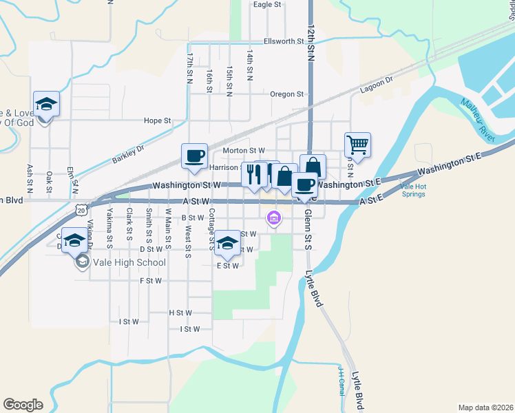 map of restaurants, bars, coffee shops, grocery stores, and more near in Vale