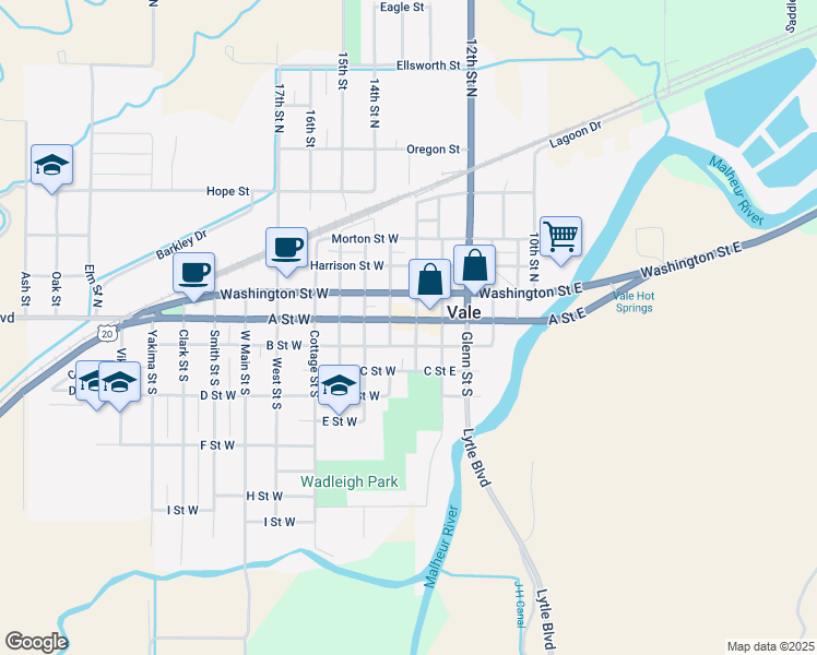 map of restaurants, bars, coffee shops, grocery stores, and more near 123 Main Street South in Vale