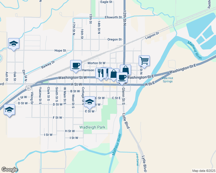 map of restaurants, bars, coffee shops, grocery stores, and more near 123 Main Street South in Vale