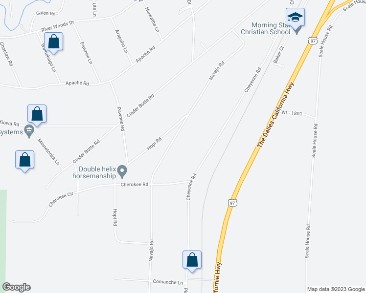 map of restaurants, bars, coffee shops, grocery stores, and more near 60086 Navajo Road in Bend