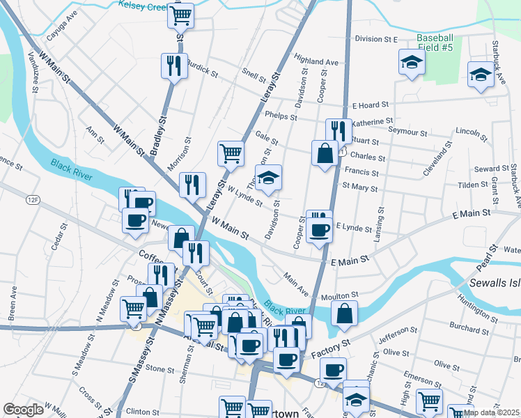 map of restaurants, bars, coffee shops, grocery stores, and more near 317 West Lynde Street in Watertown