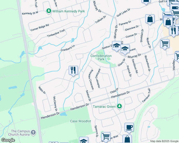 map of restaurants, bars, coffee shops, grocery stores, and more near 6 Knowles Crescent in Aurora