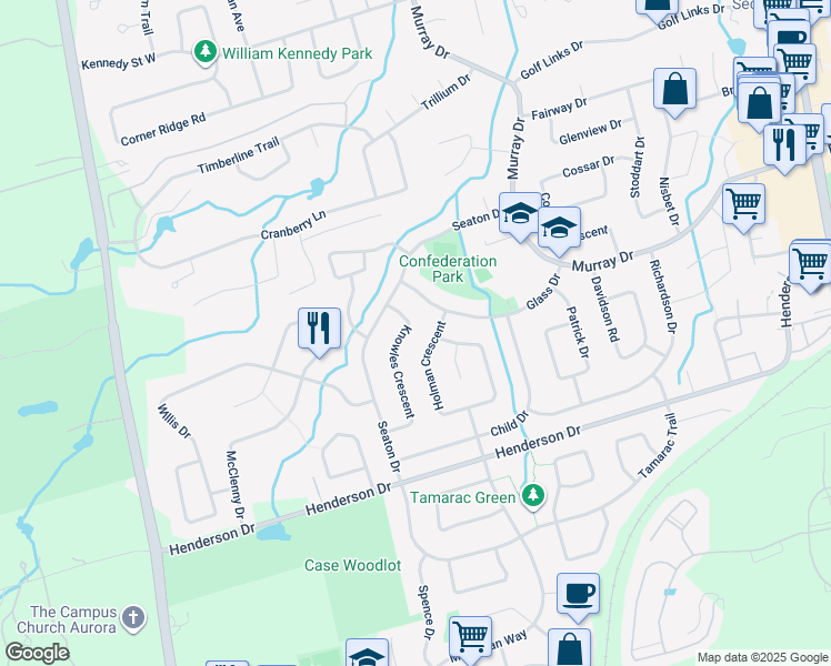 map of restaurants, bars, coffee shops, grocery stores, and more near 6 Knowles Crescent in Aurora