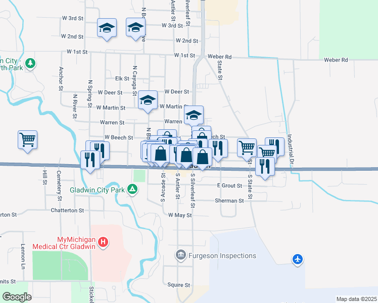 map of restaurants, bars, coffee shops, grocery stores, and more near 101-199 West Maple Street in Gladwin