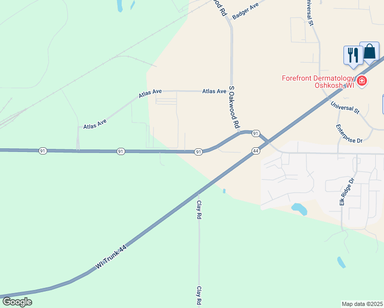 map of restaurants, bars, coffee shops, grocery stores, and more near 4097 Wisconsin 91 in Oshkosh