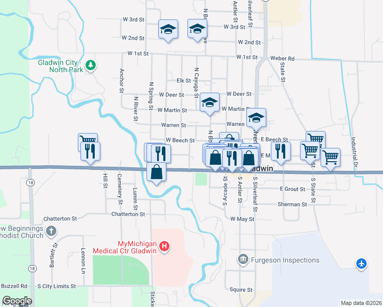 map of restaurants, bars, coffee shops, grocery stores, and more near 200 North Cayuga Street in Gladwin