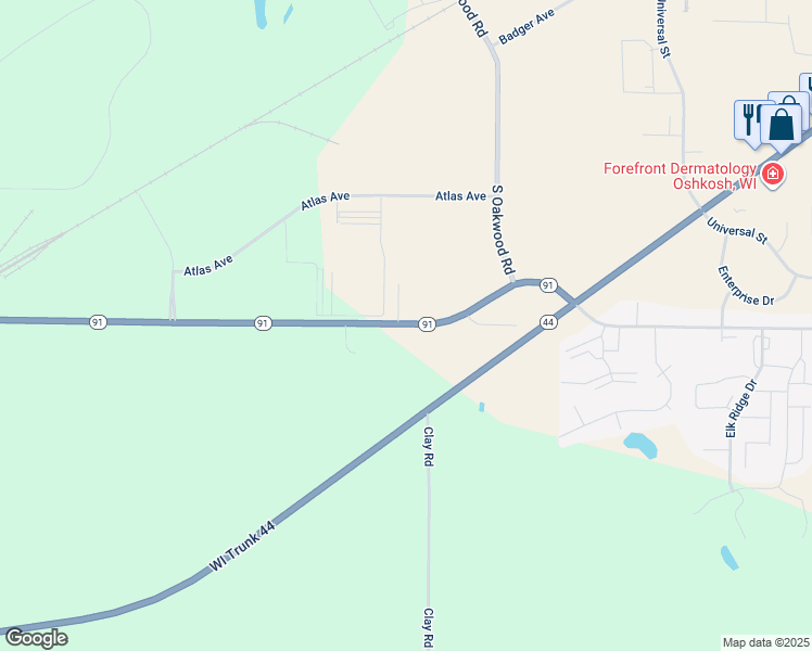 map of restaurants, bars, coffee shops, grocery stores, and more near 4097 Wisconsin 91 in Oshkosh