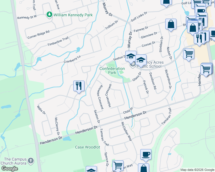 map of restaurants, bars, coffee shops, grocery stores, and more near 4 Holman Crescent in Aurora