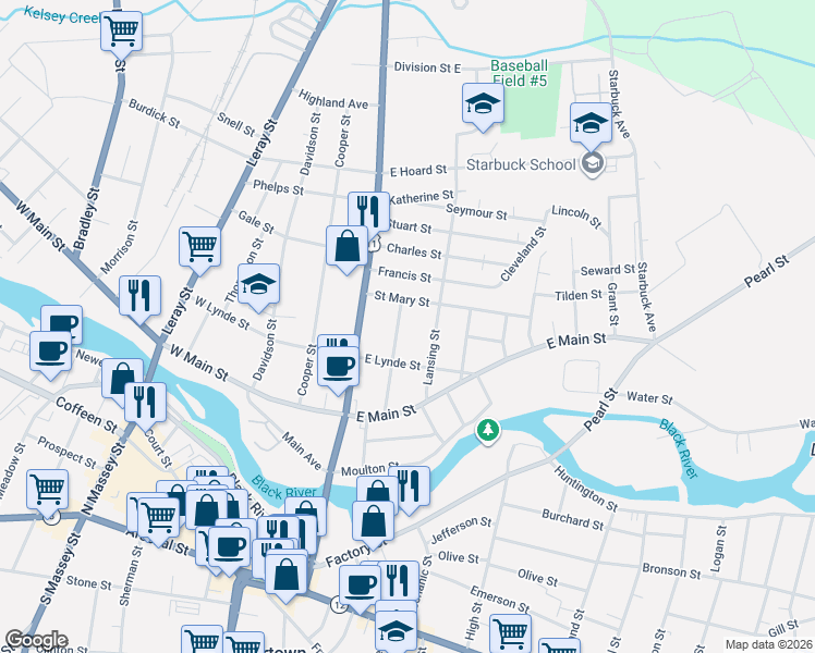 map of restaurants, bars, coffee shops, grocery stores, and more near 616 Mundy Street in Watertown