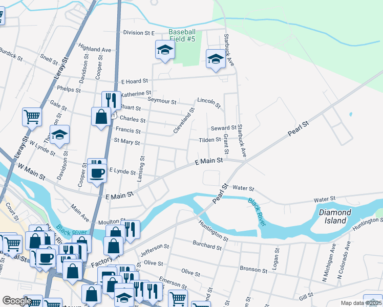 map of restaurants, bars, coffee shops, grocery stores, and more near 311 East Main Street in Watertown