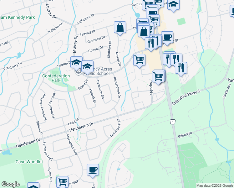 map of restaurants, bars, coffee shops, grocery stores, and more near 31 Richardson Drive in Aurora