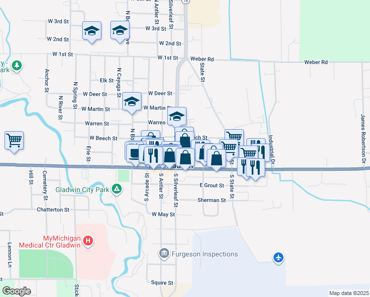 map of restaurants, bars, coffee shops, grocery stores, and more near in Gladwin
