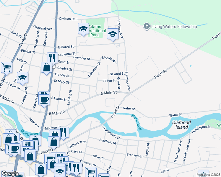 map of restaurants, bars, coffee shops, grocery stores, and more near 610 Hancock Street in Watertown