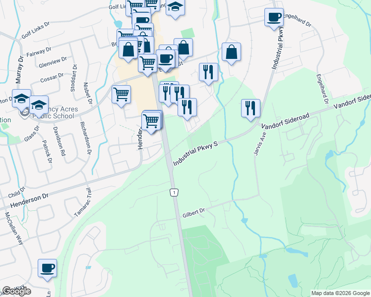 map of restaurants, bars, coffee shops, grocery stores, and more near 520 Industrial Parkway South in Aurora