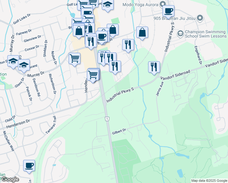 map of restaurants, bars, coffee shops, grocery stores, and more near 520 Industrial Parkway South in Aurora