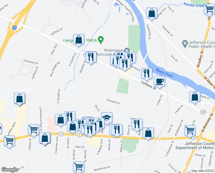 map of restaurants, bars, coffee shops, grocery stores, and more near 238 Bellew Avenue in Watertown