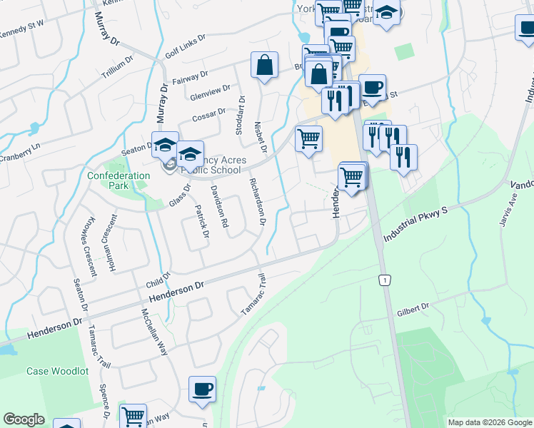 map of restaurants, bars, coffee shops, grocery stores, and more near 19 Richardson Drive in Aurora