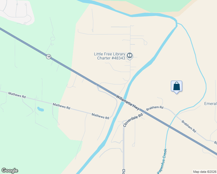 map of restaurants, bars, coffee shops, grocery stores, and more near 85370 Willamette Highway in Eugene