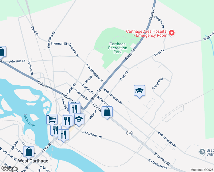 map of restaurants, bars, coffee shops, grocery stores, and more near 114 South Washington Street in Carthage