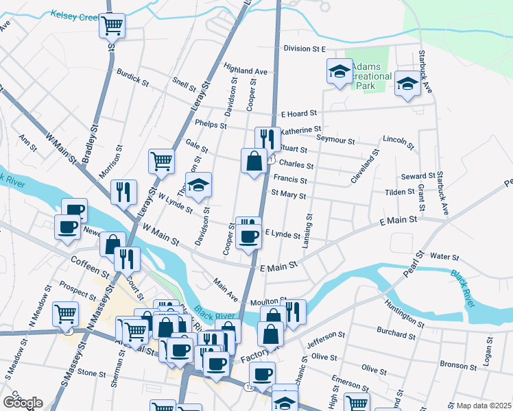 map of restaurants, bars, coffee shops, grocery stores, and more near 620 Mill Street in Watertown