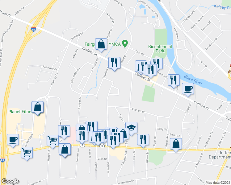 map of restaurants, bars, coffee shops, grocery stores, and more near 224 Palmer Street in Watertown