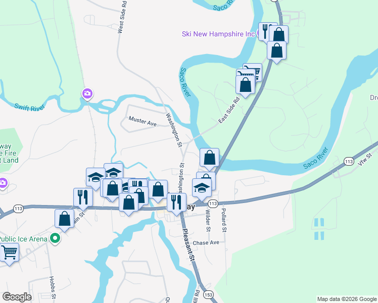 map of restaurants, bars, coffee shops, grocery stores, and more near 81 Washington Street in Conway
