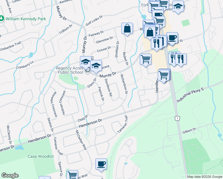 map of restaurants, bars, coffee shops, grocery stores, and more near 1 Davidson Road in Aurora