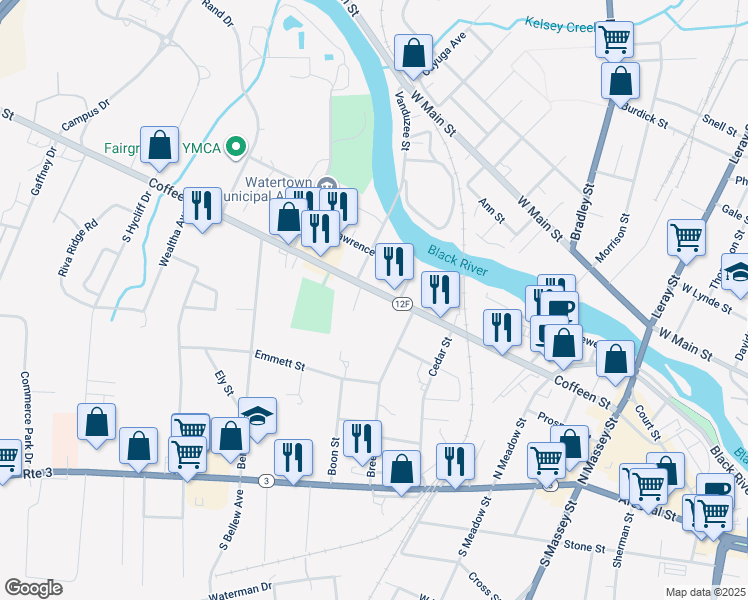 map of restaurants, bars, coffee shops, grocery stores, and more near 717 Coffeen Street in Watertown