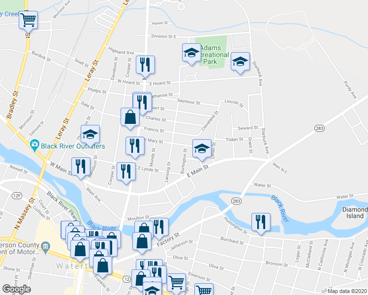 map of restaurants, bars, coffee shops, grocery stores, and more near 220 Saint Mary Street in Watertown