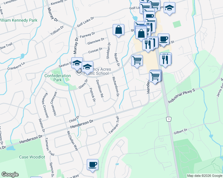 map of restaurants, bars, coffee shops, grocery stores, and more near 31 Bailey Crescent in Aurora
