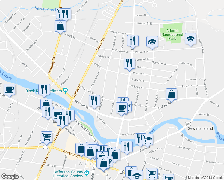 map of restaurants, bars, coffee shops, grocery stores, and more near 629 Cooper Street in Watertown