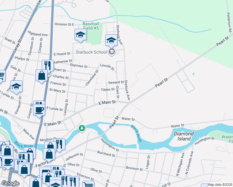 map of restaurants, bars, coffee shops, grocery stores, and more near 642 Grant Street in Watertown