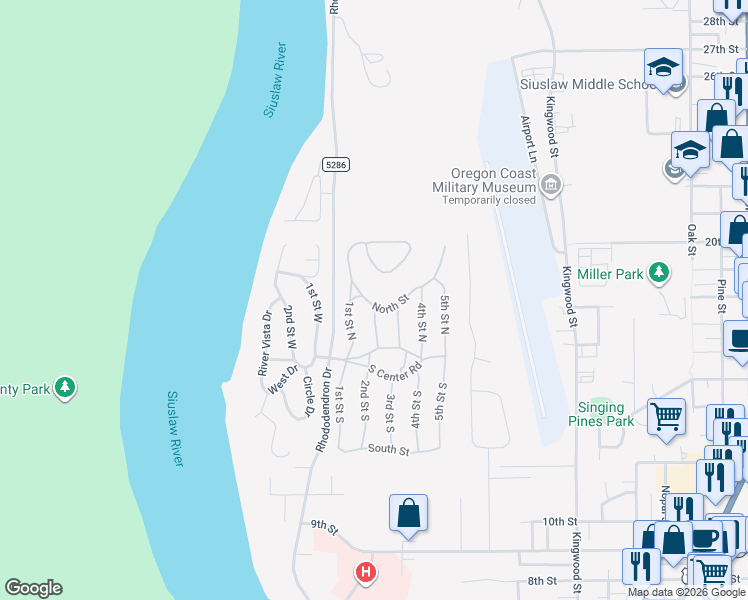 map of restaurants, bars, coffee shops, grocery stores, and more near 1600 Rhododendron Drive in Florence