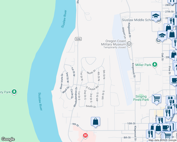 map of restaurants, bars, coffee shops, grocery stores, and more near 1600 Rhododendron Drive in Florence