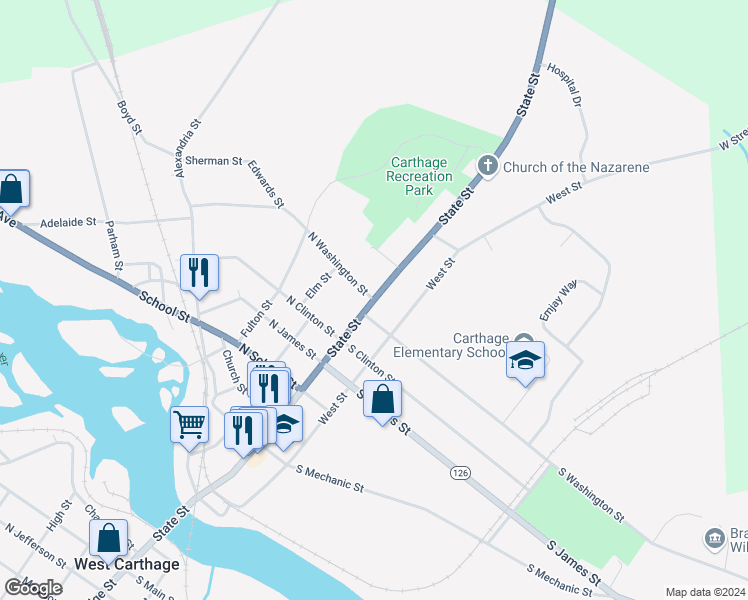 map of restaurants, bars, coffee shops, grocery stores, and more near State Street & North Washington Street in Carthage