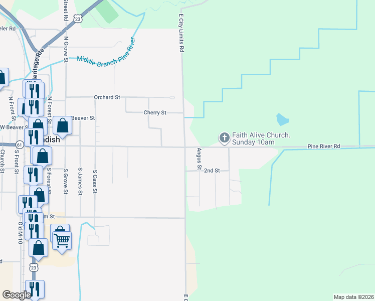 map of restaurants, bars, coffee shops, grocery stores, and more near 3474-3498 Pine River Road in Standish