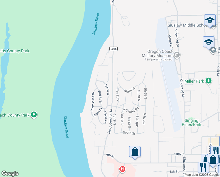 map of restaurants, bars, coffee shops, grocery stores, and more near 1600 Rhododendron Drive in Florence