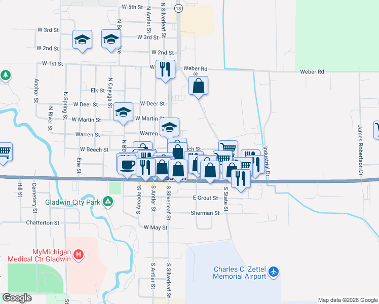 map of restaurants, bars, coffee shops, grocery stores, and more near 239 East Beech Street in Gladwin