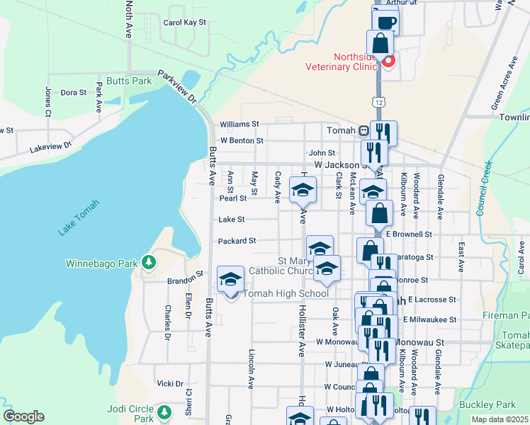 map of restaurants, bars, coffee shops, grocery stores, and more near 614 Pearl Street in Tomah