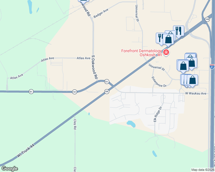 map of restaurants, bars, coffee shops, grocery stores, and more near 4041 Wisconsin 91 in Oshkosh