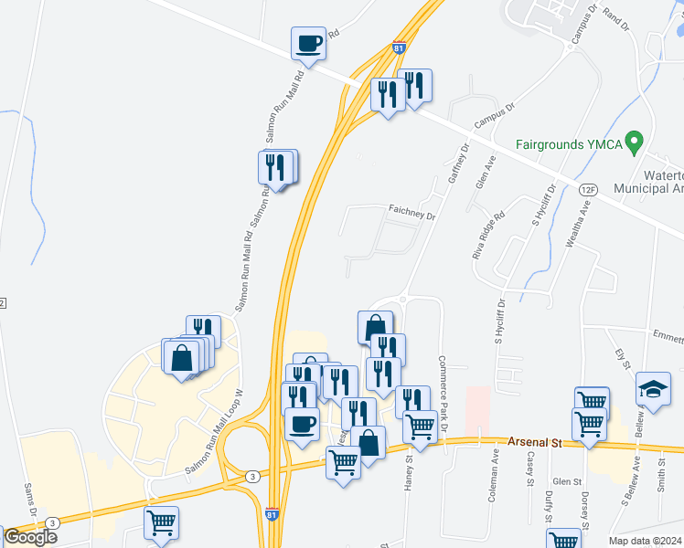 map of restaurants, bars, coffee shops, grocery stores, and more near 1291 Faichney Drive in Watertown