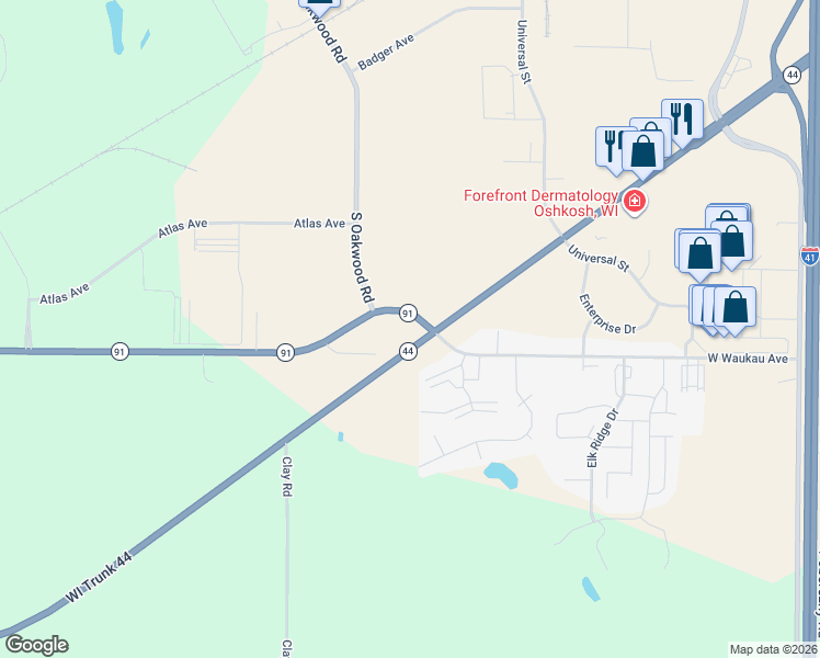 map of restaurants, bars, coffee shops, grocery stores, and more near 4041 Wisconsin 91 in Oshkosh