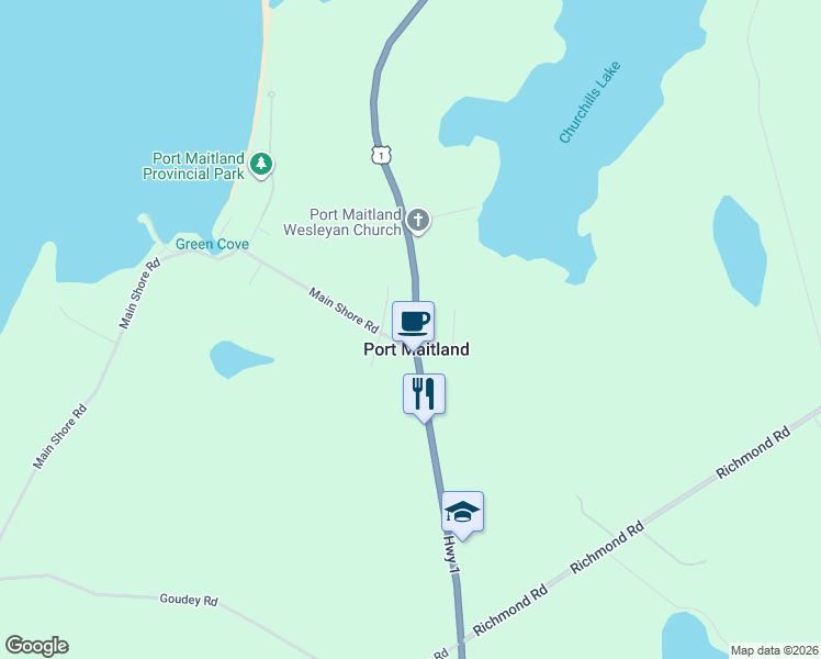 map of restaurants, bars, coffee shops, grocery stores, and more near 3213 Nova Scotia Trunk 1 in Port Maitland