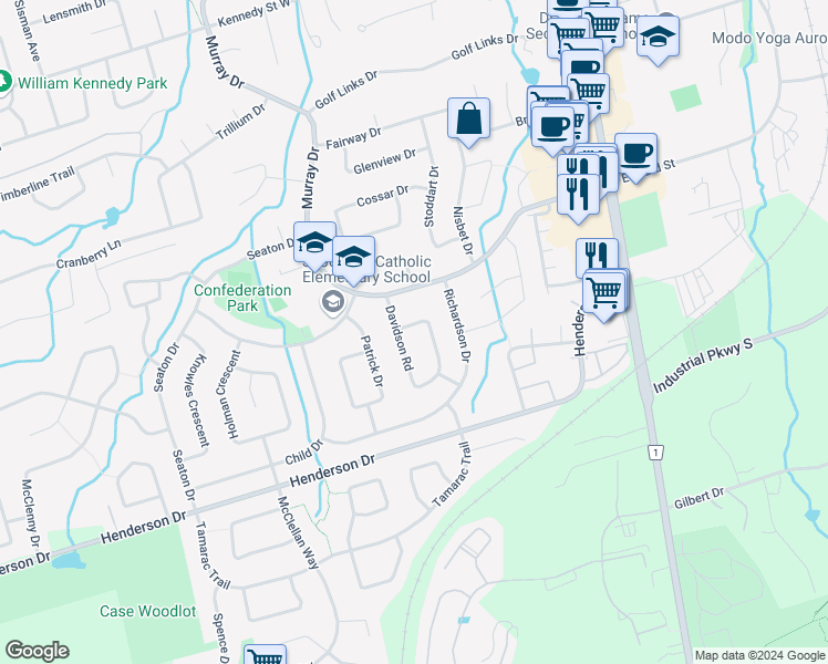 map of restaurants, bars, coffee shops, grocery stores, and more near 6 Bailey Crescent in Aurora