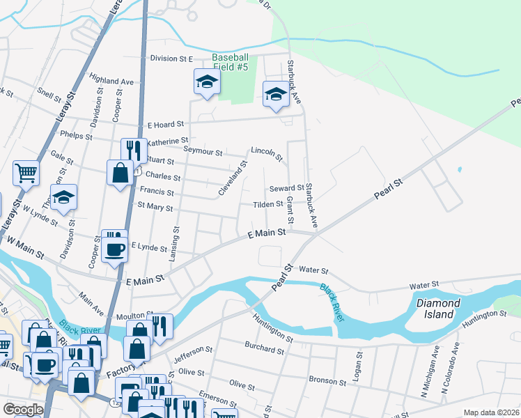 map of restaurants, bars, coffee shops, grocery stores, and more near 313 Tilden Street in Watertown