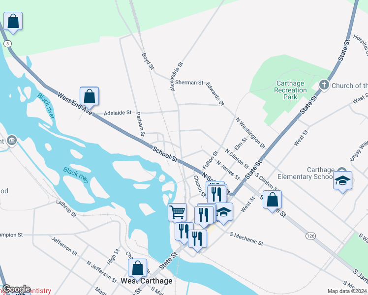 map of restaurants, bars, coffee shops, grocery stores, and more near 616 Alexandria Street in Carthage