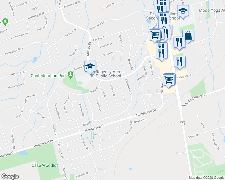 map of restaurants, bars, coffee shops, grocery stores, and more near Davidson Road in Aurora