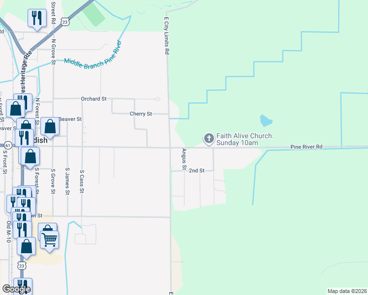 map of restaurants, bars, coffee shops, grocery stores, and more near 3474 Pine River Road in Standish