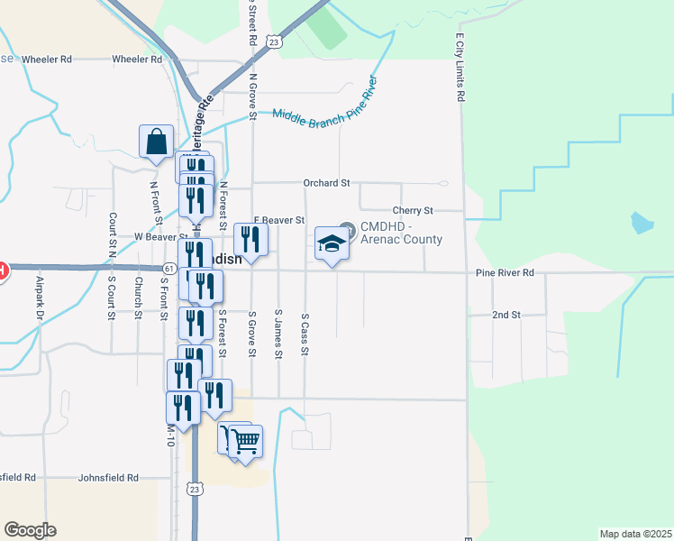 map of restaurants, bars, coffee shops, grocery stores, and more near 601 East Cedar Street in Standish