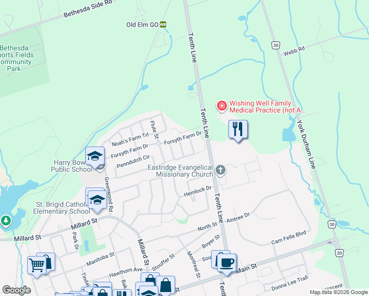 map of restaurants, bars, coffee shops, grocery stores, and more near 23 Horn Street in Whitchurch-Stouffville